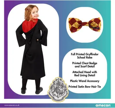 A young girl is shown wearing a Gryffindor school robe, with accessories and product details displayed around her.