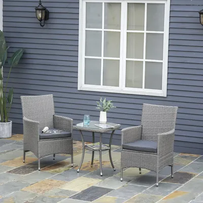 Produktbild von Bistro-Set für den Garten – 3-teiliges Balkon-Set mit Kissen – Poly-Rattan, Grau