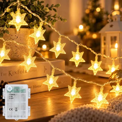 Lichterkette mit Sternen, 6 m, 40 LED, warmweiß, Timer