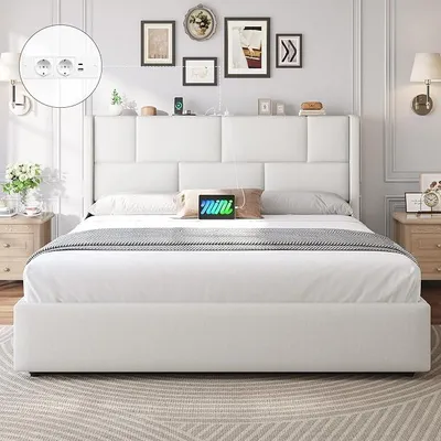 Productafbeelding van Boxspringbed 180x200 cm met hydraulische opbergruimte en verstelbaar hoofdeinde, oplaadstation (2 AC-stopcontacten, 1 USB-A, 1 USB-C aansluiting). Dubbelbed 180x200 met opbergruimte, wit