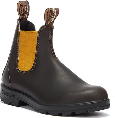 A single brown leather boot with yellow elastic side panels is shown against a white background.