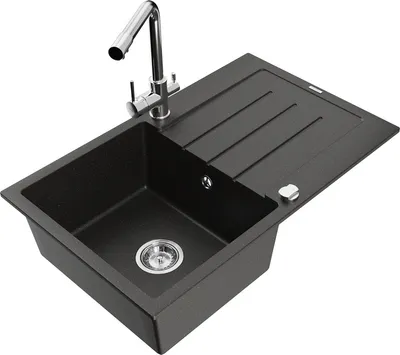 Produktbild von Mexen Bruno 1 Becken-Granitspüle mit Abtropffläche und Mischbatterie Duero, Schwarz/Gold metallisch - 6513-75-671600-00