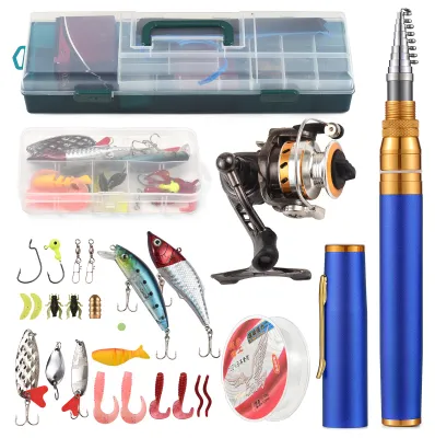 Produktbild von Angelruten- und Rollen-Kombinationen, Teleskop-Angelrute mit Spinnrolle, Kombi-Set, Angelschnur, Köder, Haken, Wirbel, Set, Angelzubehör mit Tackle-Box