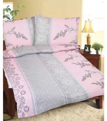 Image de Housse de couette en coton - 140x200 cm. Taies d'oreiller - 70x90 cm - rose, gris