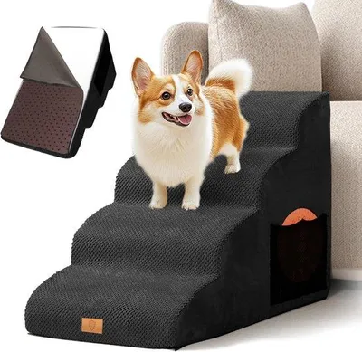Immagine prodotto di Scala a gradini molto piccoli per cani di piccola taglia, 4 gradini, altezza 50 cm, con rivestimento lavabile, ideale per il letto, nera