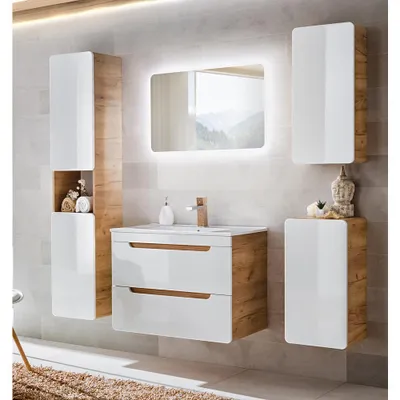 Produktbild von Badezimmer Möbel Set 5-teilig Hochglanz weiß inkl. 81 cm Keramikwaschtisch LUTON-56, B/H/T ca. 181/200/46 cm