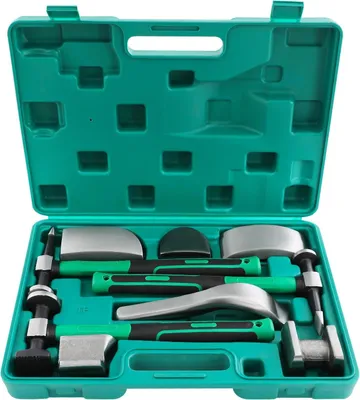 Produktbild von Ausbeulwerkzeug Set - 9-teiliges manuelles Dent Puller Werkzeugset - Lackschadenfreie Dellenentfernung - Mit Hammer und Werkzeugkoffer - Für Auto Tür Motorrad Kühlschrank Blech - Grün