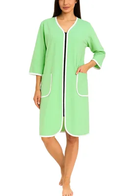 Produktbild von Aquarti Damen Bademantel Morgenmantel mit Reißverschluss Hausmantel Leicht 3/4 Ärmel, Farbe: Hellgrün, Größe: XL