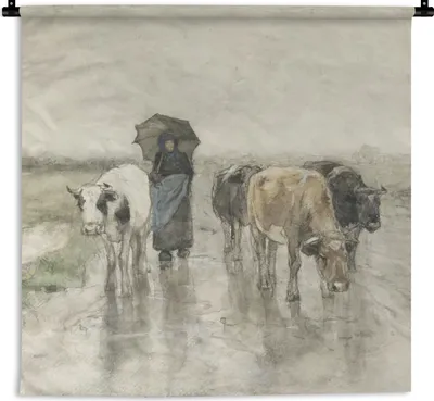 Produktbild von MuchoWow® Wandteppich Wandbehang Eine Bäuerin mit Kühen auf einer Landstraße im Regen - Gemälde von Anton Mauve 60x60 cm Tapisserie Dekoration Wandtuch - Dekorationen - Wand Decke