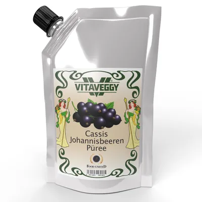 Produktbild von VITAVEGGY JOHANNISBEEREN CASSIS Früchte-Püree 1kg ohne Aroma- Farb- & Konservierungsmittel von Food-United, schwarze Johannisbeerpüree geeignet für Babybrei & Obstbrei Ribisel-Saft-Smoothie-Sorbet-Müsli-Joghurt-Quark GVO-Frei Glutenfrei & 100% natürlich