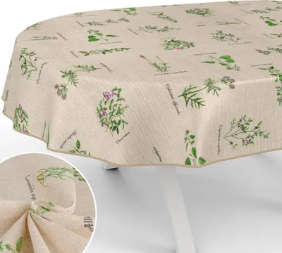 Produktbild von Tischdecke Botanik mit Blumen Botanik aus Stoff Tischwäsche mit Beschichtung Tischtuch Naturel Beige Oval Breite 140cm Länge 240cm mit Paspelband