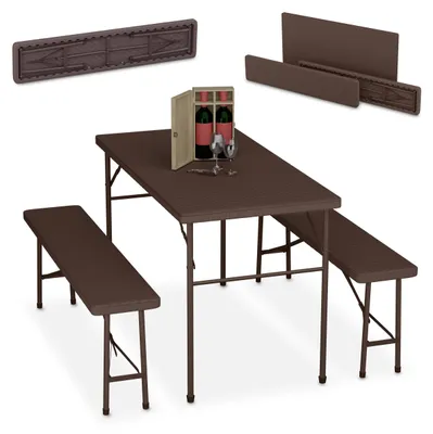 Image de Ensemble de salon de jardin pliable Relaxdays, ensemble de 3 pièces comprenant un grand banc et une grande table, pour le jardin ou les fêtes, aspect rotin, marron