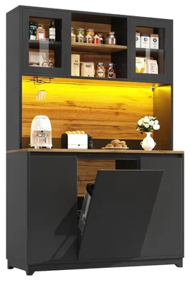 Immagine prodotto di Mobiletto da cucina, credenza, 120x40x180 cm, nero, con ante in acrilico e illuminazione a LED