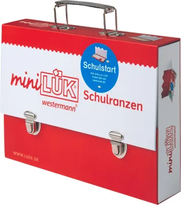 A red and white briefcase-style product box for 'miniLÜK Schulranzen' (school satchel).