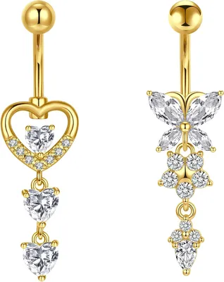 Imagen del producto de Piercing para el ombligo, calibre 14G, 10 mm, acero inoxidable, con detalles de mariposa, flor y corazón, ideal para tops cortos