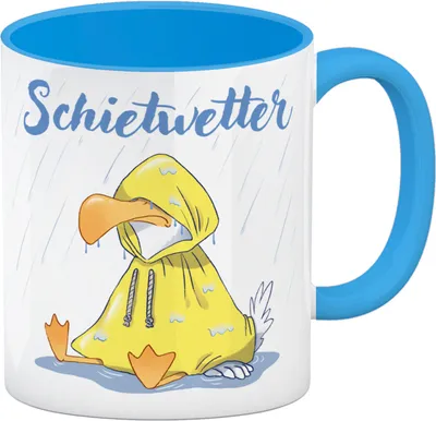 Produktbild von Möwe Kaffeebecher in hellblau mit Spruch Schietwetter