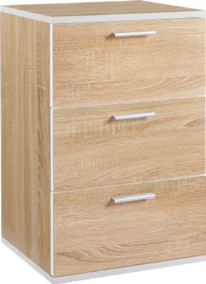 A close-up studio shot of a light brown wooden cabinet with three drawers.