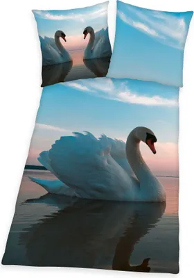 A bedding set featuring a large swan on water with a sunset sky.
