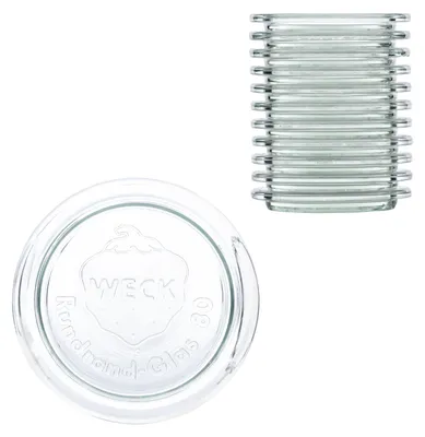 Produktbild von 12er Set WECK Glasdeckel RR80 + Rezeptheft Ersatz-Deckel Rundrand Einkoch rund Ø8cm klar Zubehör