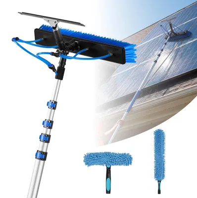 Obrázek produktu pro Čisticí sada na solární panely a fotovoltaické systémy – teleskopický kartáč 2 v 1 – hliníková teleskopická tyč 1,8–7,9 m – hadice na vodu 20 m – stěrka a dávkovač mýdla – pro okna a zastřešení teras