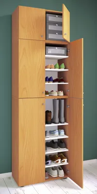 Produktbild von VCM Holz-Schuhschrank | Maße: H. 240 x B. 70 x T. 39 cm | Allzweckschrank | 9 Fächer | 4 Drehtüren | Aufsatz mit 2 Türen | extra Schublade – Lona