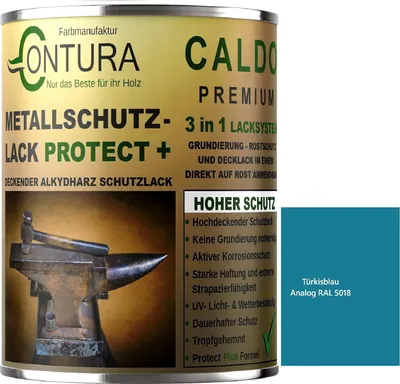 Produktbild von Contura 3 in 1 Rostschutzfarbe 500ml. Metallschutzlack Seidenmatt RAL Metall Lack Farbe Grundierung Rost - RAL 5018 Türkisblau