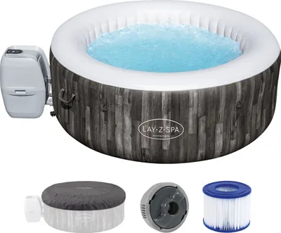 An inflatable hot tub with its accessories, displayed on a white background.