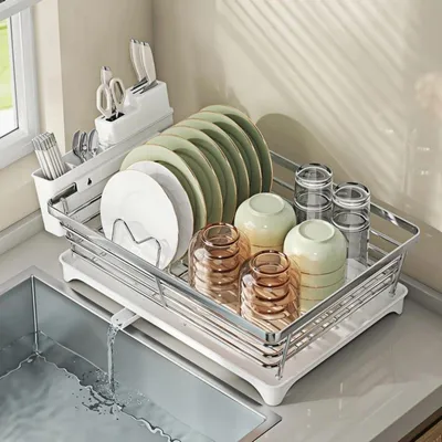 Image de Étagère égouttoir en acier inoxydable avec bac de récupération et support pour couteaux - Gain de place pour la vaisselle