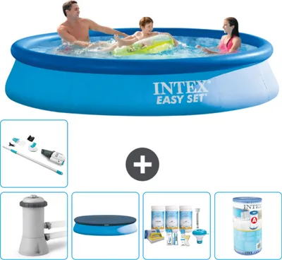 Produktbild von Intex runder aufblasbarer Easy Set-Schwimmpool – 366 x 76 cm – Blau – inklusive Pumpe Abdeckung - Wartungspaket - Filter - Staubsauger