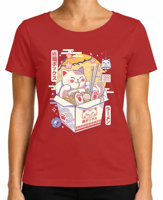 Imagen del producto de Camiseta para mujer con diseño de gato, estilo "kawaii", con motivos de ramen, gato ("neko"), anime, estética Y2K, "otaku" y flores de cerezo. Color: rojo. Talla: L