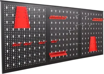 Zdjęcie produktu dla Ściana warsztatowa Bolt Edge XL – 120 x 60 cm – tablica do wieszania – ściana na narzędzia – organizer na narzędzia – metal – czerwona – 3 panele z 17-częściowym zestawem haczyków