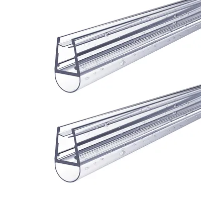 Two clear plastic shower door seals with water droplets on them, presented against a white background.