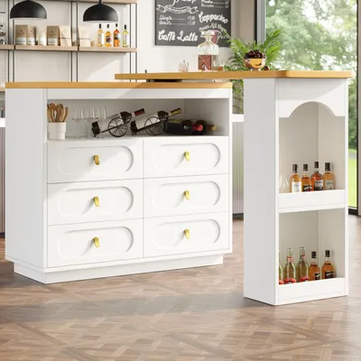 Immagine prodotto di Flieks tavolo da bar girevole a 360°, tavolo da pranzo tavolo da cucina con 6 cassetti e ripiani aperti, cassettiera credenza, 137-203x39x90 cm, bianco