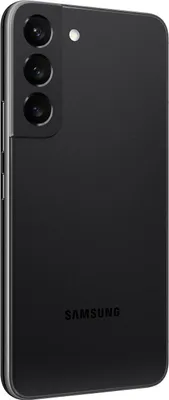 A black Samsung smartphone is shown from a diagonal rear view.