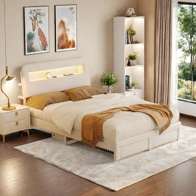 Immagine prodotto di Letto con cassetti, 140 x 200 cm, in velluto beige, spazio contenitivo nella testiera e nella pediera, porta USB + illuminazione a LED, design moderno