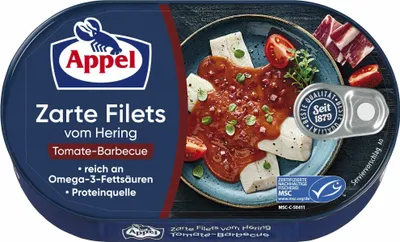 Produktbild von Appel Zarte Filets vom Hering Tomate-Barbecue und feinem Schinken Geschmack (200g Dose)