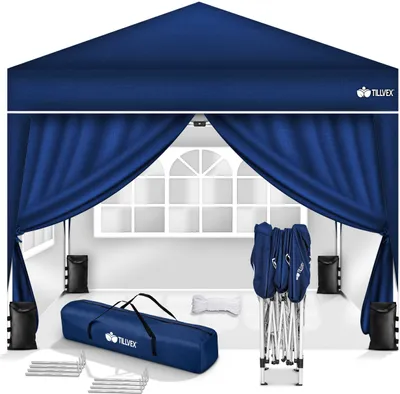 Produktbild von tillvex Pavillon 3x3m Blau - mit 4 Seitenteilen wasserdicht | Pop-Up Faltpavillon höhenverstellbar | Gartenzelt UV Schutz 50+ | Partyzelt mit Tasche für Garten