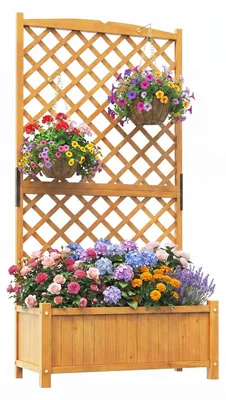 Produktbild von COSTWAY Blumenkasten mit Rankgitter, Sichtschutz, Spalier&Drainagelöchern, Pflanzkasten Tannenholz, Pflanzkübel Hochbeet Rankhilfe 90x45x180,5cm Natur