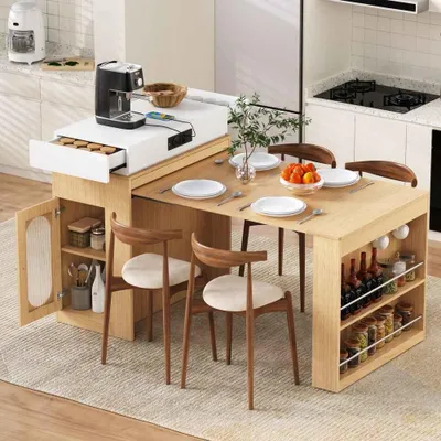 Produktbild von Kücheninsel mit Rollen Ausziehbarer Esstisch LED Beleuchtung Steckdosen Schwarz Sideboard Bartisch
