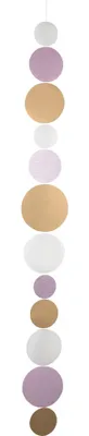 A vertical string of oval shapes in varying colors and sizes, suspended against a white background.