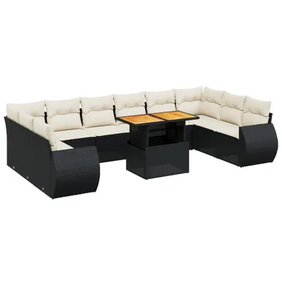A black rattan sectional sofa with beige cushions and a wooden coffee table is displayed against a white background.