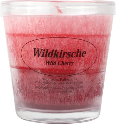 Produktbild von Duftkerze im Glas, 100% pflanzliches Stearin, Wildkirsche, KERZENFARM HAHN, mit reinen ätherischen Ölen, Brenndauer ca. 24h