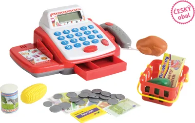 A toy cash register with accessories, including toy food, money, and a shopping basket, arranged on a white background.