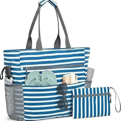 Image de INF Sac de plage pliable et portable - Bleu/Bleu marine