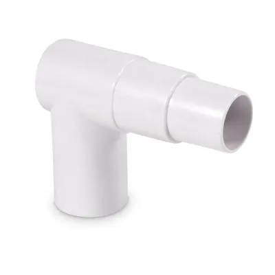 A white plastic pipe fitting with a 90-degree angle and a stepped connector.