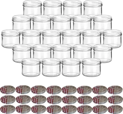 Produktbild von gouveo 24er Set Einmachgläser 230 ml rund mit Schraubdeckel Herz-rot - Vorratsgläser mit Drehverschluss TO82 für Marmelade, Konfitüre, Selbstgemachtes