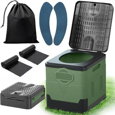 Productafbeelding van Draagbaar Toilet - Mobiel WC - Kamperen en Reizen - Opvouwbaar Lichtgewicht - 25 Liter - Legergroen
