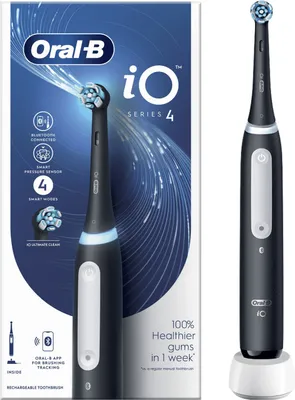 The image shows the packaging and the electric toothbrush itself, along with its charging base.