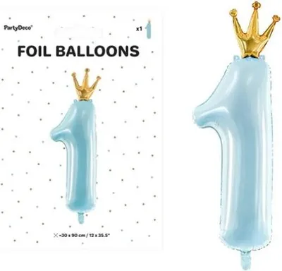 Produktbild von Folienballon Ziffer 1 mit Krone 30x92cm hellblau