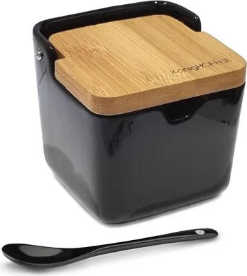 A black ceramic sugar bowl with a wooden lid and a black spoon.